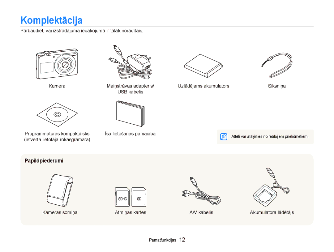 Samsung EC-PL100ZBPSRU manual Komplektācija, Papildpiederumi, Uzlādējams akumulators, Kameras somiņa Atmiņas kartes Kabelis 