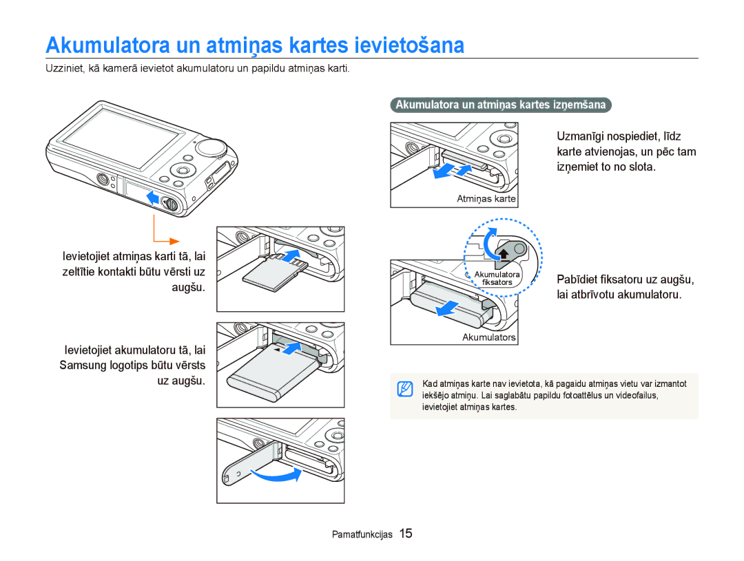 Samsung EC-PL100ZBPSRU, EC-PL100ZBPPRU Akumulatora un atmiņas kartes ievietošana, Akumulatora un atmiņas kartes izņemšana 