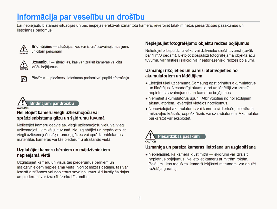 Samsung EC-PL100ZBPBRU manual Informācija par veselību un drošību, Nepieļaujiet fotografējamo objektu redzes bojājumus 