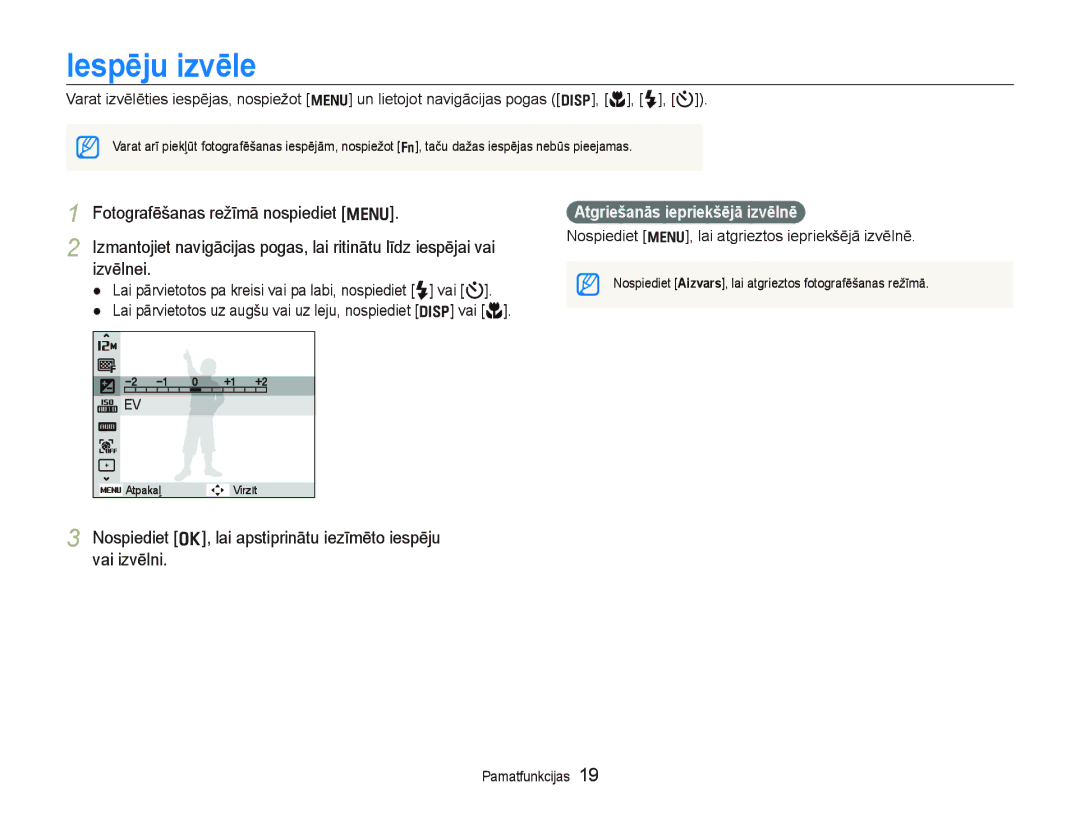 Samsung EC-PL100ZBPBRU, EC-PL100ZBPPRU manual Iespēju izvēle, Nospiediet o, lai apstiprinātu iezīmēto iespēju vai izvēlni 