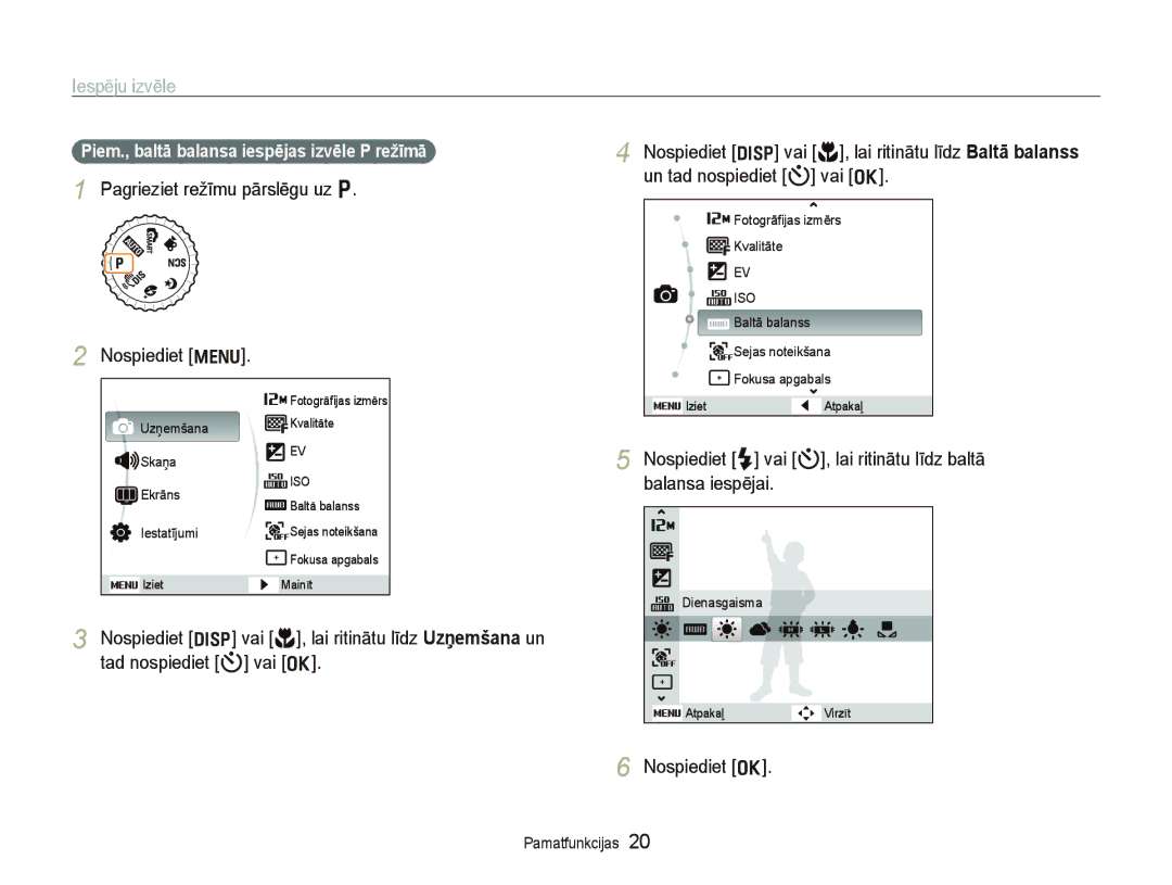 Samsung EC-PL100ZBPPRU, EC-PL100ZBPSRU manual Iespēju izvēle, Pagrieziet režīmu pārslēgu uz p Nospiediet m, Nospiediet o 