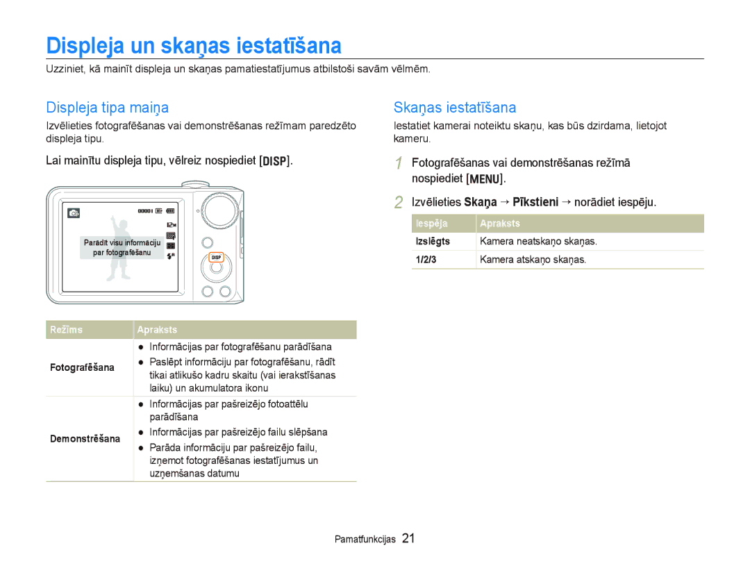 Samsung EC-PL100ZBPSRU, EC-PL100ZBPPRU manual Displeja un skaņas iestatīšana, Displeja tipa maiņa, Skaņas iestatīšana 