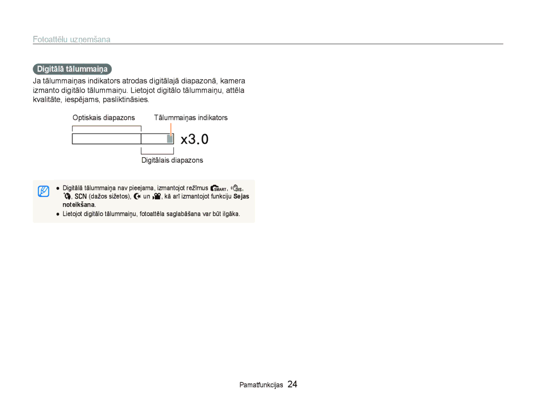 Samsung EC-PL100ZBPSRU, EC-PL100ZBPPRU, EC-PL100ZBPBRU manual Digitālā tālummaiņa, Digitālais diapazons 