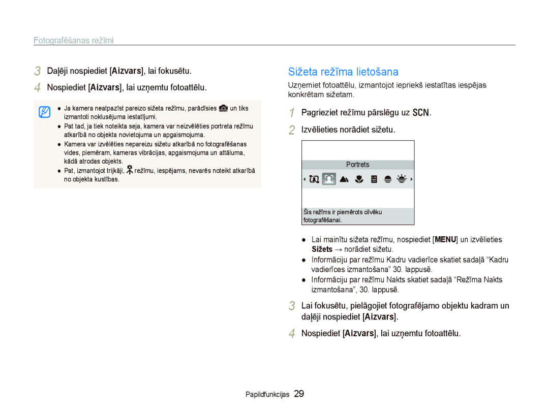 Samsung EC-PL100ZBPPRU, EC-PL100ZBPSRU, EC-PL100ZBPBRU manual Sižeta režīma lietošana, Fotografēšanas režīmi 