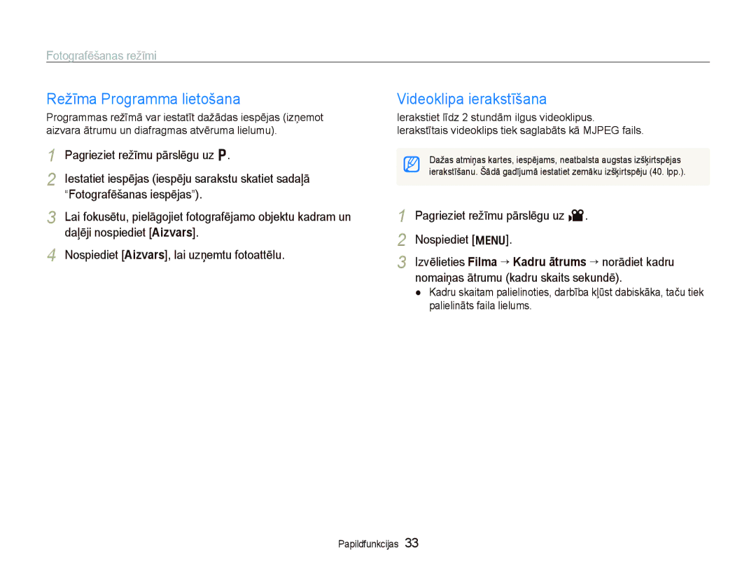 Samsung EC-PL100ZBPSRU, EC-PL100ZBPPRU, EC-PL100ZBPBRU manual Režīma Programma lietošana, Videoklipa ierakstīšana 