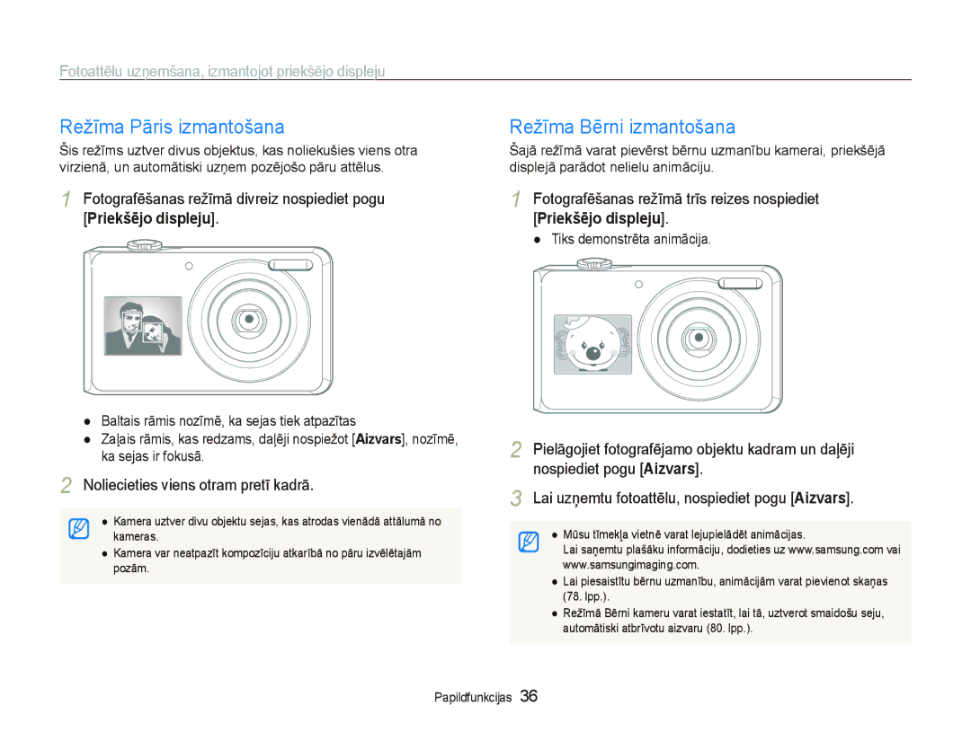 Samsung EC-PL100ZBPSRU manual Režīma Pāris izmantošana, Režīma Bērni izmantošana, Noliecieties viens otram pretī kadrā 