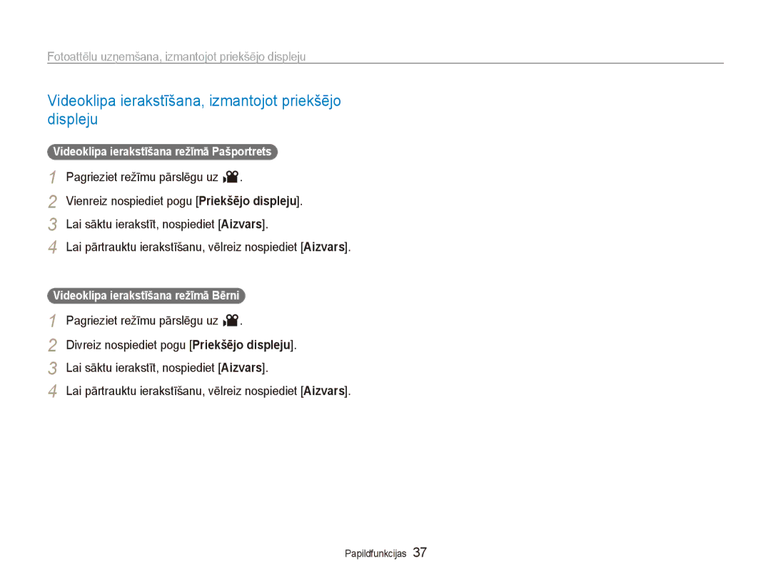 Samsung EC-PL100ZBPBRU manual Videoklipa ierakstīšana, izmantojot priekšējo displeju, Pagrieziet režīmu pārslēgu uz 