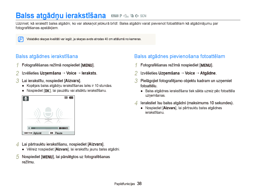 Samsung EC-PL100ZBPPRU, EC-PL100ZBPSRU, EC-PL100ZBPBRU Balss atgādņu ierakstīšana a p d b N s, Balss atgādnes ierakstīšana 