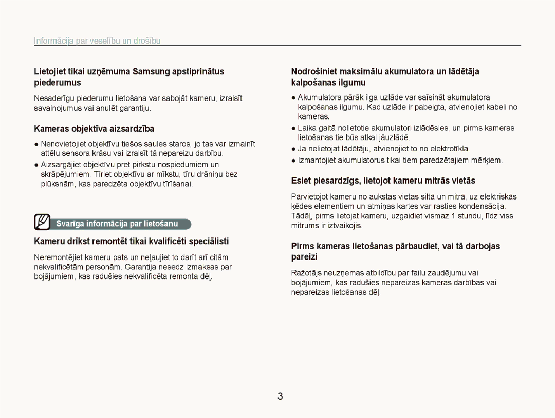 Samsung EC-PL100ZBPSRU manual Lietojiet tikai uzņēmuma Samsung apstiprinātus piederumus, Kameras objektīva aizsardzība 