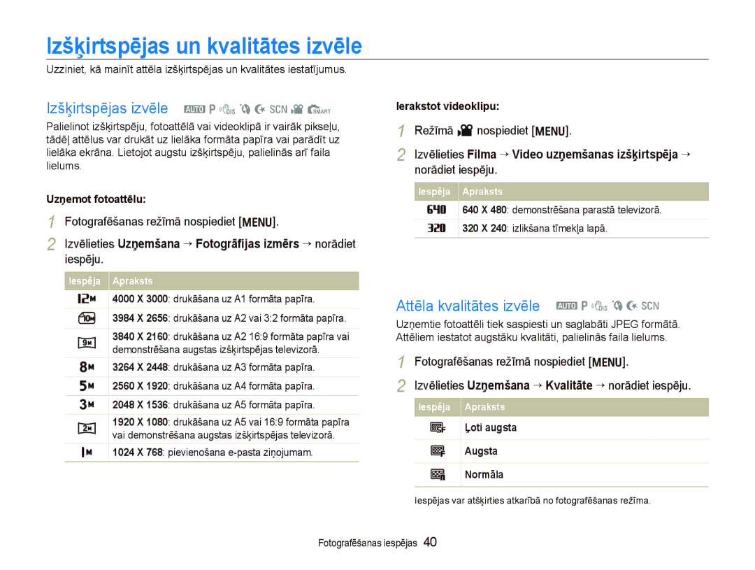 Samsung EC-PL100ZBPBRU Izšķirtspējas un kvalitātes izvēle, Izšķirtspējas izvēle a p d b N s v S, Režīmā v nospiediet m 