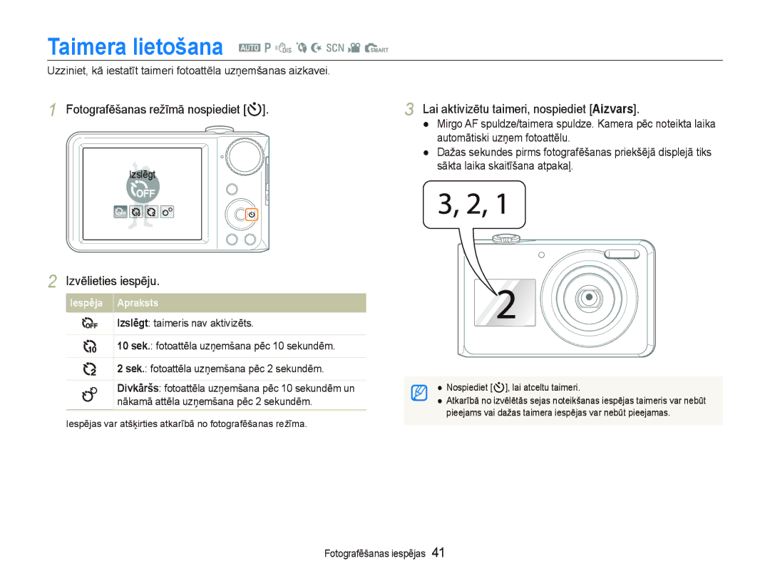 Samsung EC-PL100ZBPPRU, EC-PL100ZBPSRU manual Taimera lietošana a p d b N s v S, Fotografēšanas režīmā nospiediet t 