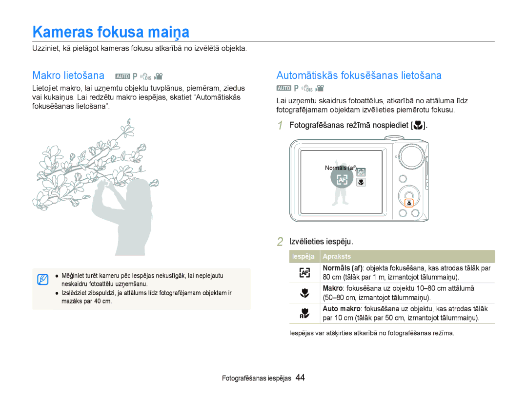 Samsung EC-PL100ZBPPRU, EC-PL100ZBPSRU Kameras fokusa maiņa, Makro lietošana a p d, Automātiskās fokusēšanas lietošana 