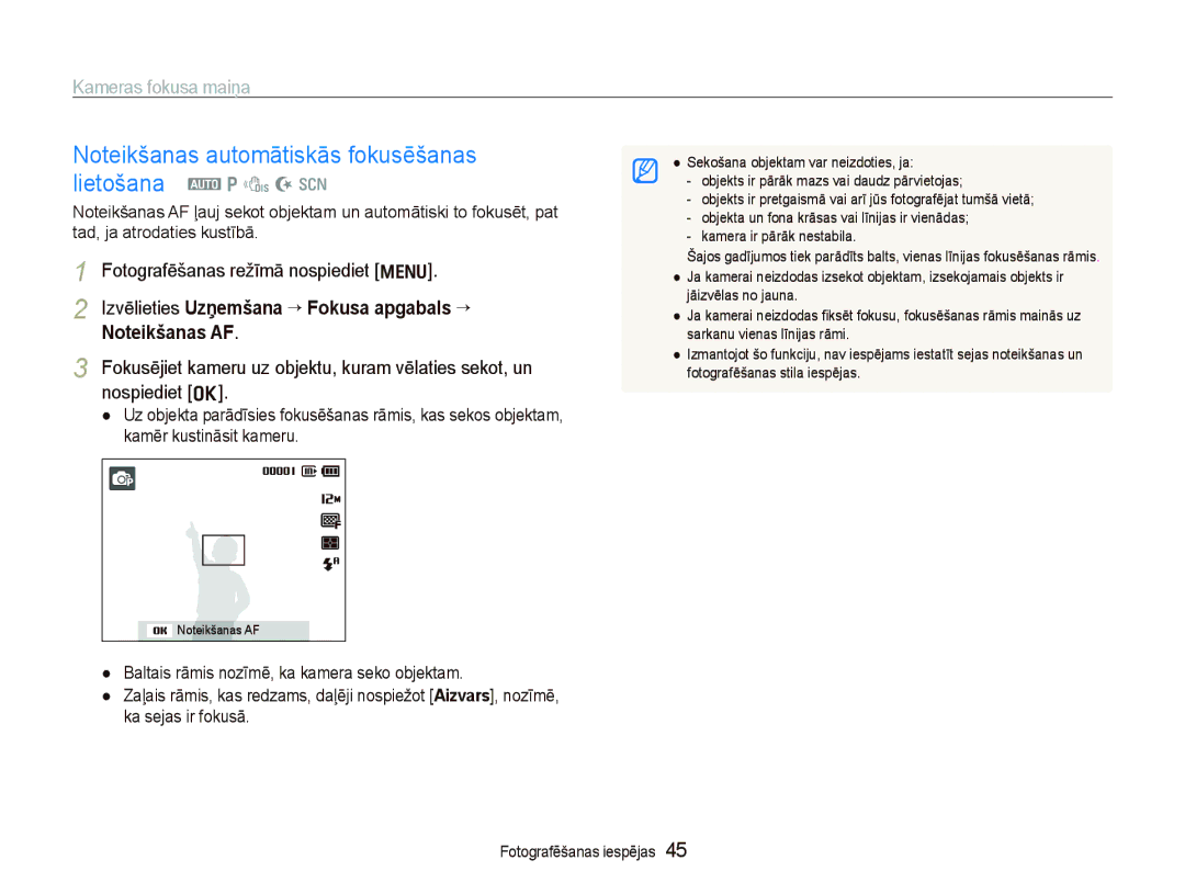 Samsung EC-PL100ZBPSRU, EC-PL100ZBPPRU, EC-PL100ZBPBRU manual Kameras fokusa maiņa, Izvēlieties Uzņemšana “ Fokusa apgabals “ 