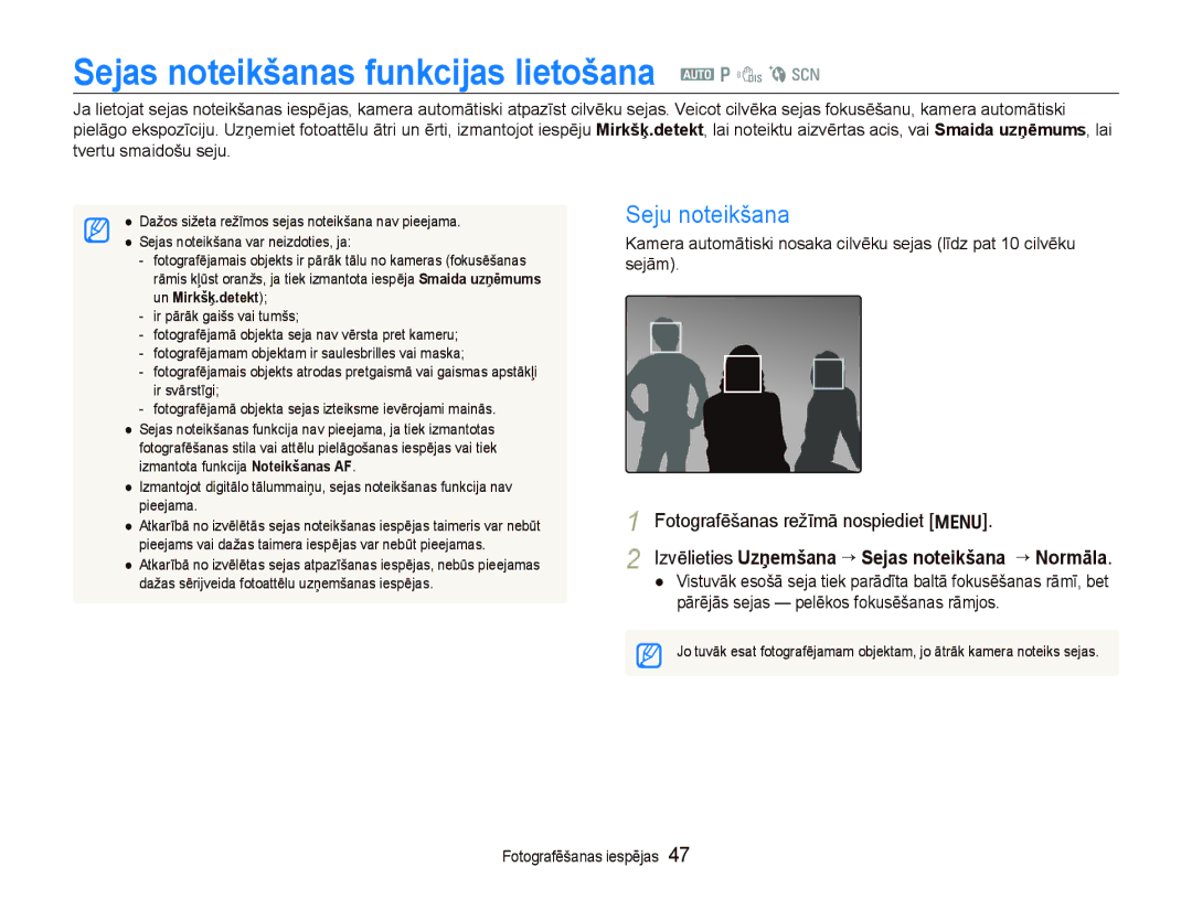 Samsung EC-PL100ZBPPRU, EC-PL100ZBPSRU, EC-PL100ZBPBRU Sejas noteikšanas funkcijas lietošana a p d b s, Seju noteikšana 