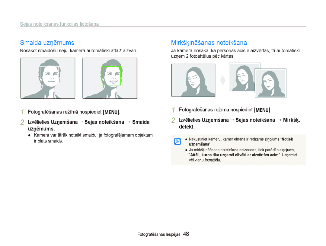 Samsung EC-PL100ZBPSRU, EC-PL100ZBPPRU Smaida uzņēmums, Mirkšķināšanas noteikšana, Sejas noteikšanas funkcijas lietošana 