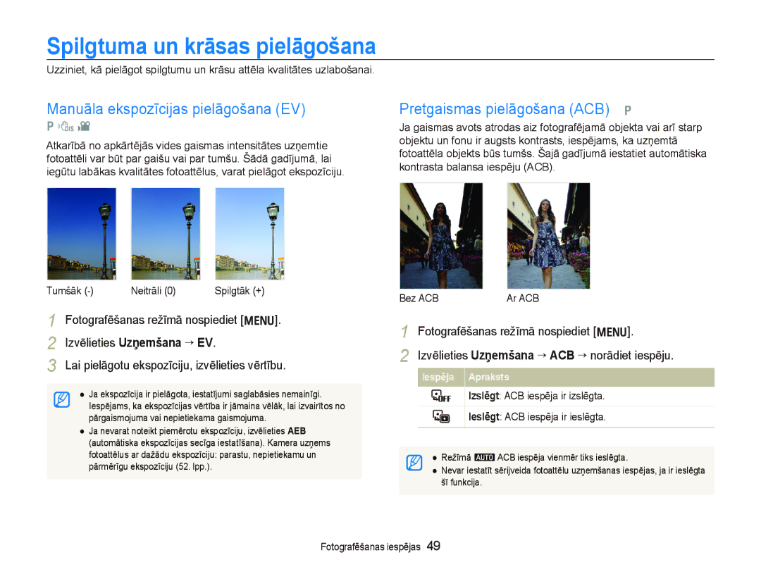 Samsung EC-PL100ZBPBRU Spilgtuma un krāsas pielāgošana, Manuāla ekspozīcijas pielāgošana EV, Pretgaismas pielāgošana ACB p 