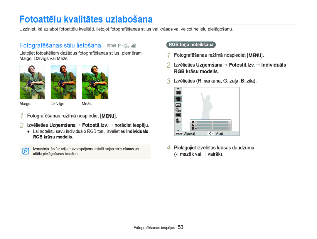 Samsung EC-PL100ZBPPRU manual Fotoattēlu kvalitātes uzlabošana, Fotografēšanas stilu lietošana a p d, RGB krāsu modelis 