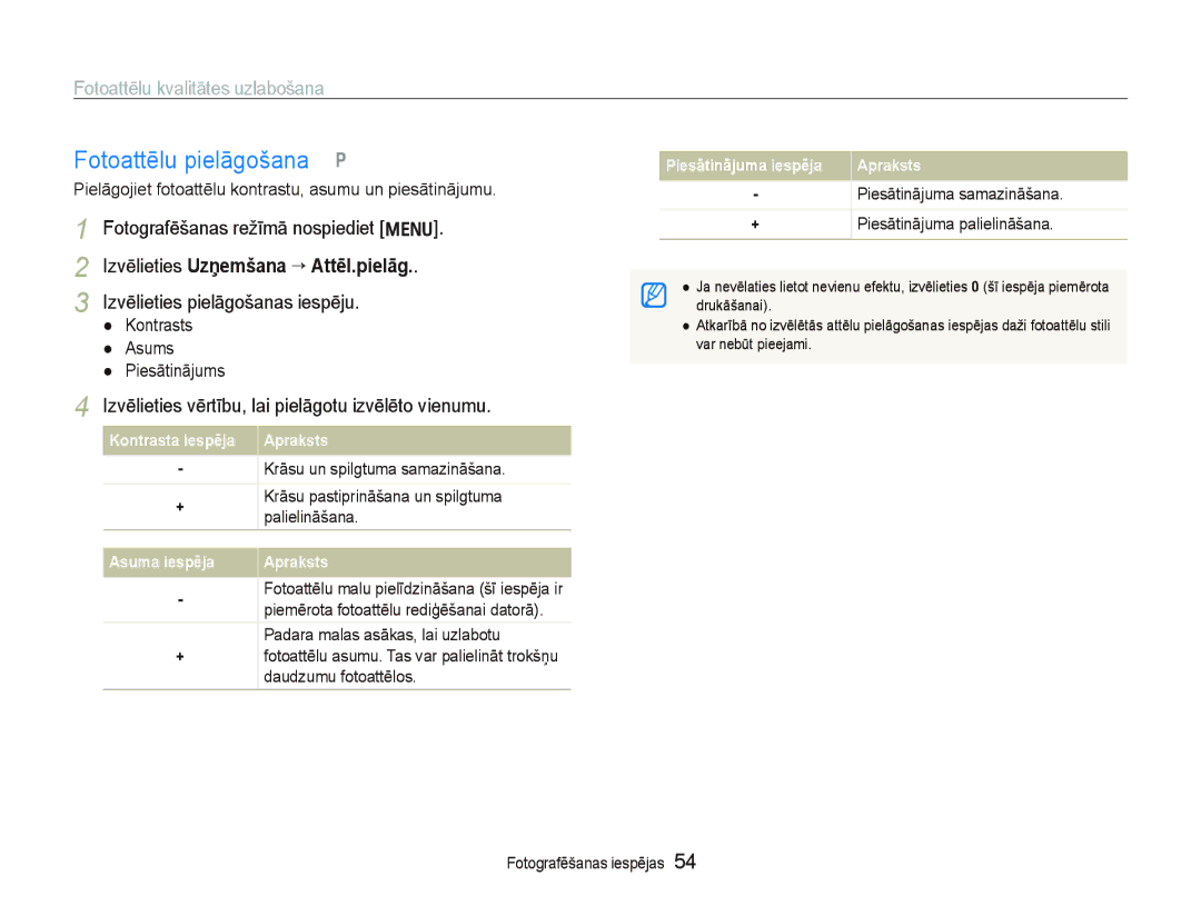 Samsung EC-PL100ZBPSRU manual Fotoattēlu pielāgošana p, Fotoattēlu kvalitātes uzlabošana, Izvēlieties pielāgošanas iespēju 