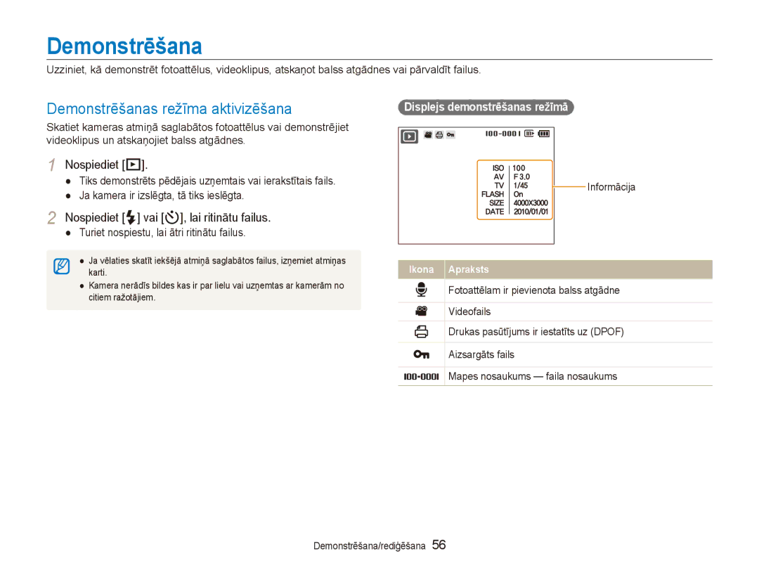 Samsung EC-PL100ZBPPRU manual Demonstrēšanas režīma aktivizēšana, Nospiediet P, Nospiediet F vai t, lai ritinātu failus 