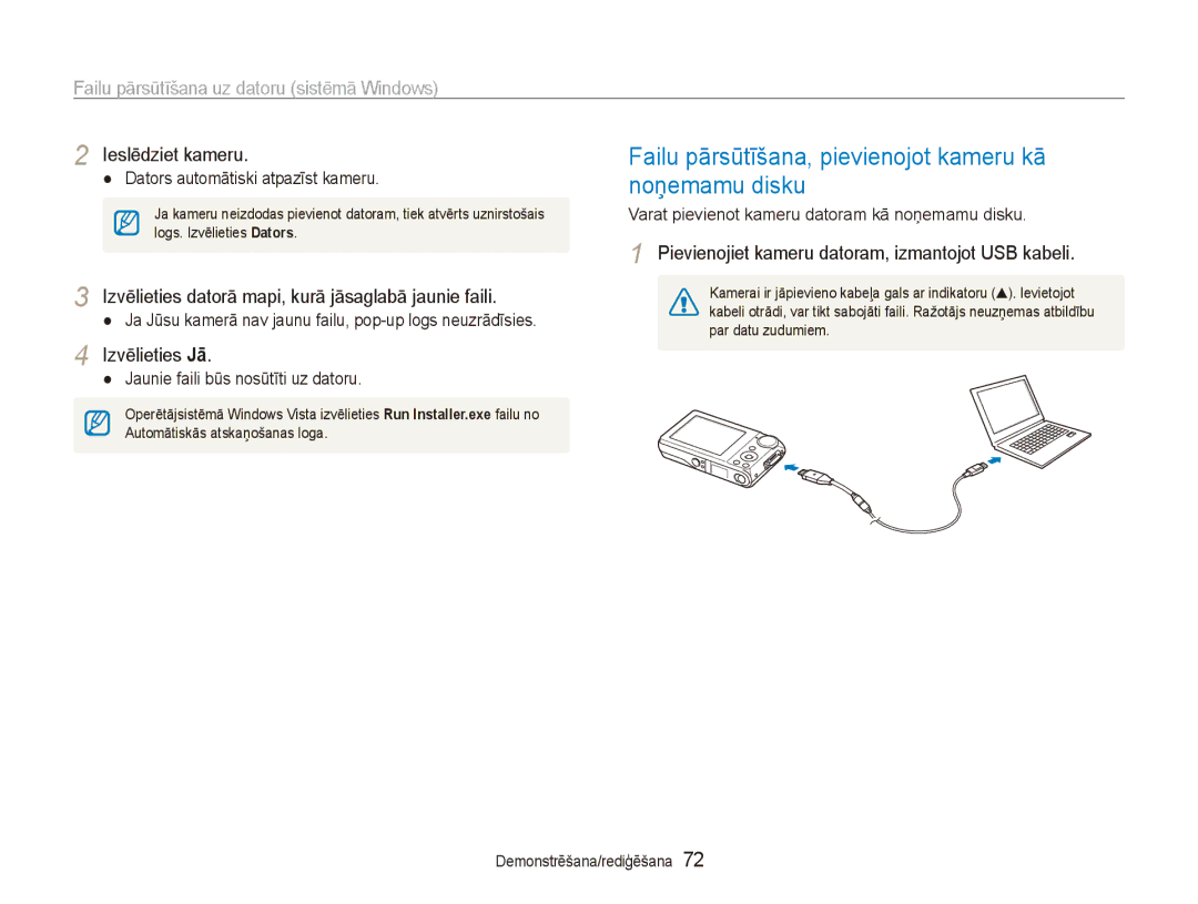 Samsung EC-PL100ZBPSRU, EC-PL100ZBPPRU manual Failu pārsūtīšana, pievienojot kameru kā noņemamu disku, Ieslēdziet kameru 