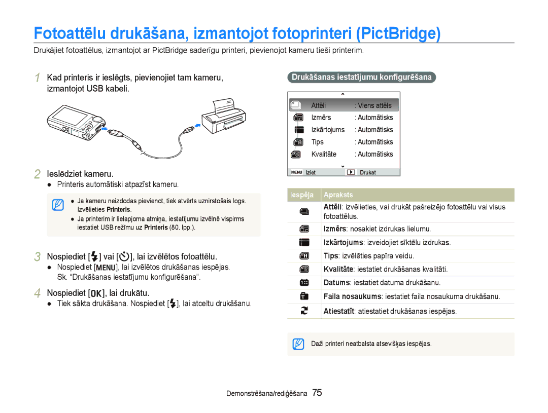 Samsung EC-PL100ZBPSRU, EC-PL100ZBPPRU Fotoattēlu drukāšana, izmantojot fotoprinteri PictBridge, Nospiediet o, lai drukātu 