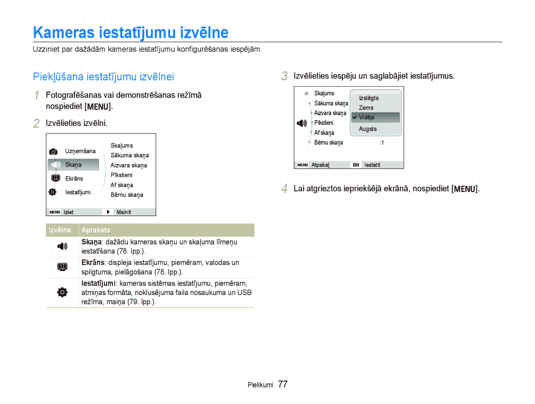 Samsung EC-PL100ZBPPRU, EC-PL100ZBPSRU Kameras iestatījumu izvēlne, Piekļūšana iestatījumu izvēlnei, Izvēlieties izvēlni 