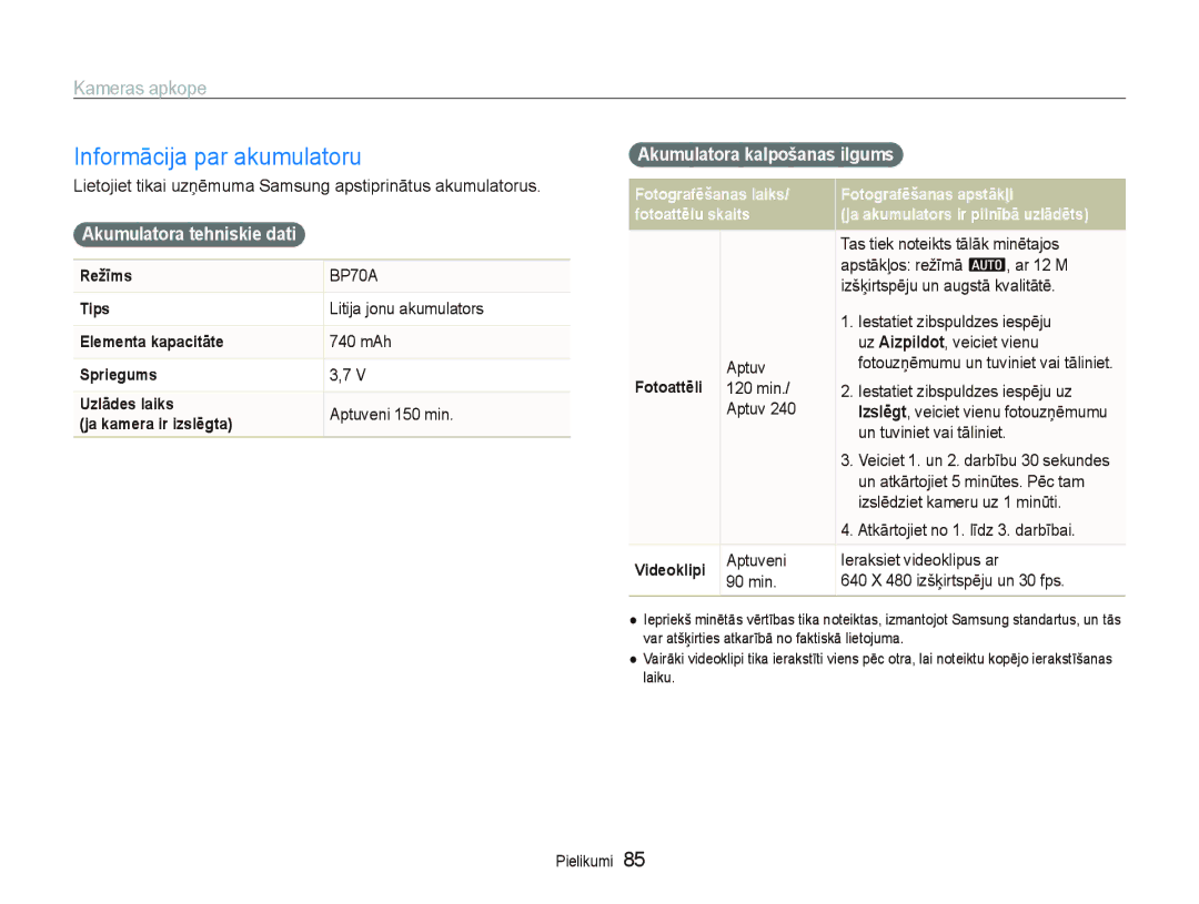 Samsung EC-PL100ZBPBRU manual Informācija par akumulatoru, Akumulatora tehniskie dati, Akumulatora kalpošanas ilgums 