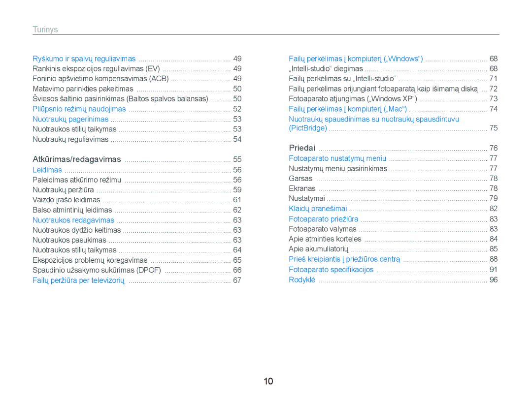 Samsung EC-PL100ZBPBRU, EC-PL100ZBPPRU, EC-PL100ZBPSRU manual Turinys, Nuotraukų spausdinimas su nuotraukų spausdintuvu 