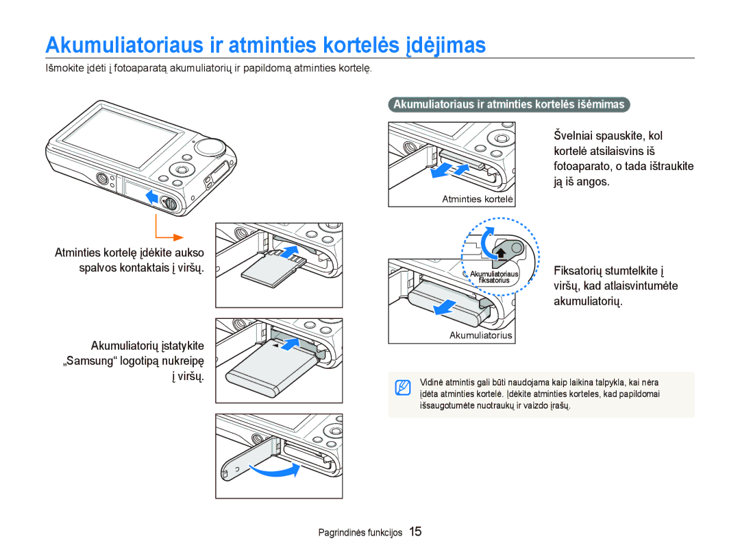 Samsung EC-PL100ZBPSRU Akumuliatoriaus ir atminties kortelės įdėjimas, Akumuliatoriaus ir atminties kortelės išėmimas 