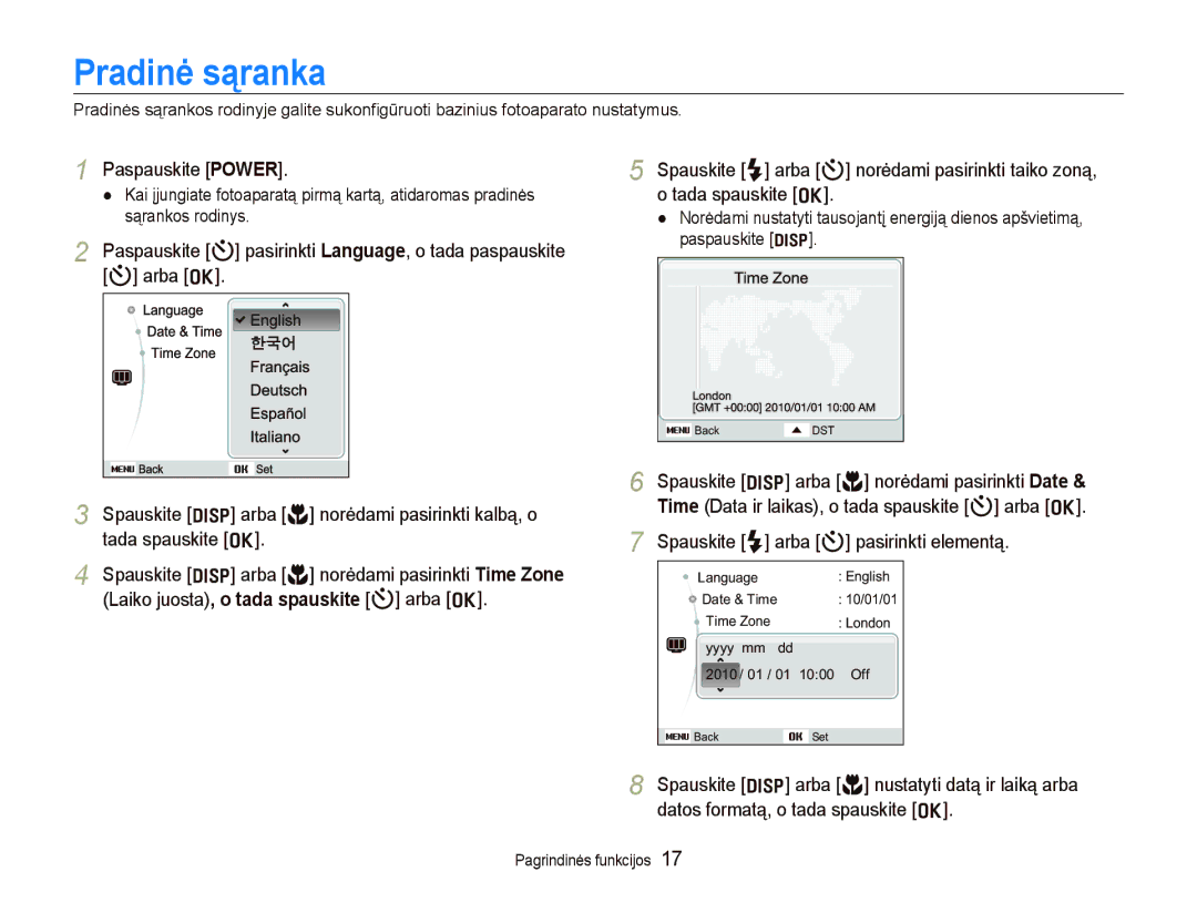 Samsung EC-PL100ZBPPRU, EC-PL100ZBPSRU manual Pradinė sąranka, Paspauskite Power, Spauskite F arba t pasirinkti elementą 