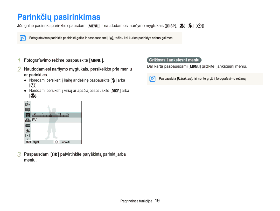 Samsung EC-PL100ZBPBRU, EC-PL100ZBPPRU manual Parinkčių pasirinkimas, Fotografavimo režime paspauskite m, Ar parinkties 