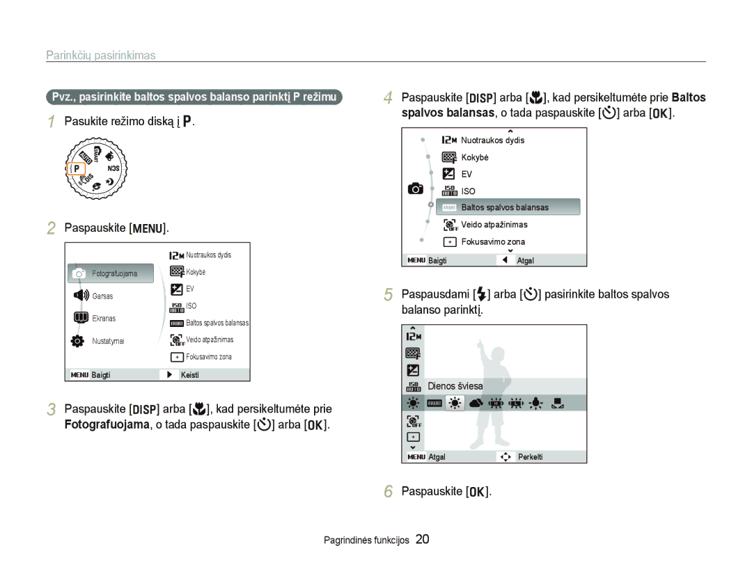 Samsung EC-PL100ZBPPRU, EC-PL100ZBPSRU manual Parinkčių pasirinkimas, Pasukite režimo diską į p Paspauskite m, Paspauskite o 