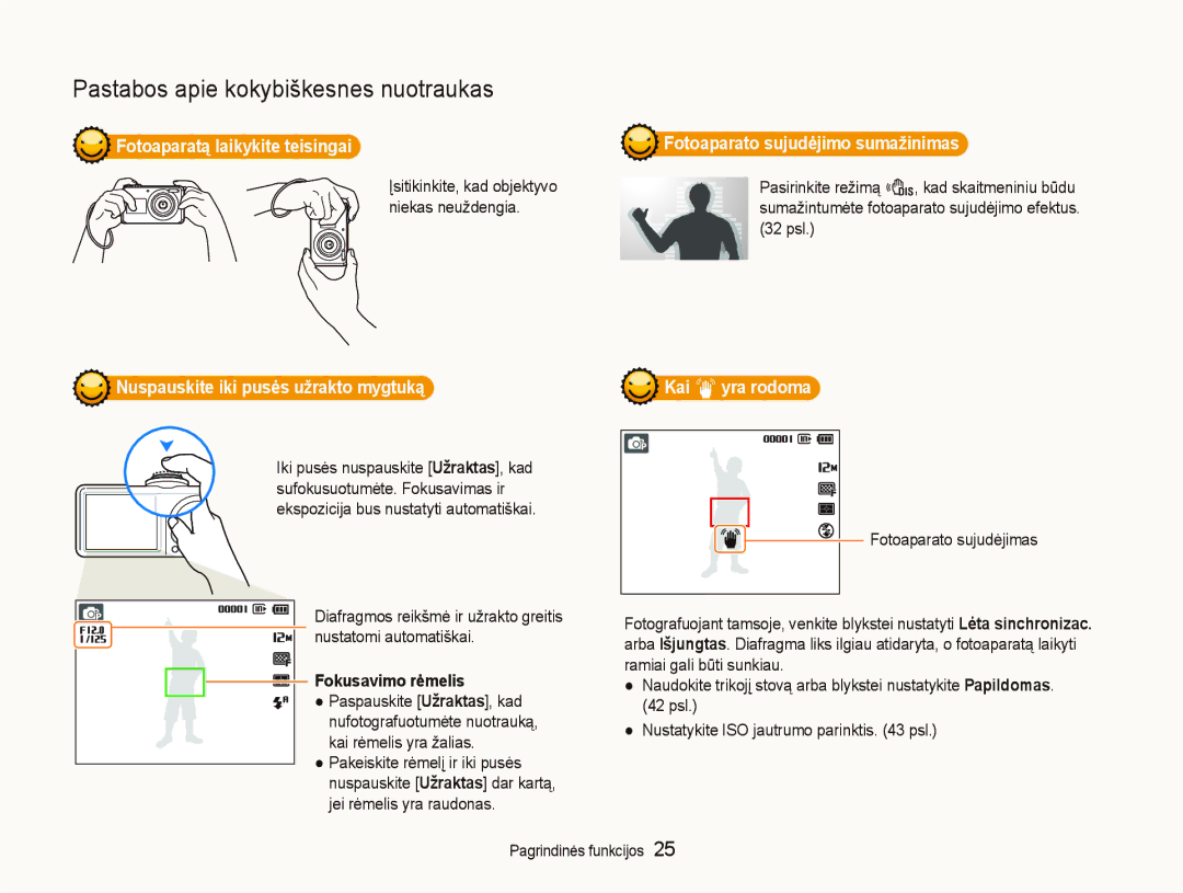 Samsung EC-PL100ZBPBRU manual Fotoaparatą laikykite teisingai, Fotoaparato sujudėjimo sumažinimas, Fokusavimo rėmelis 