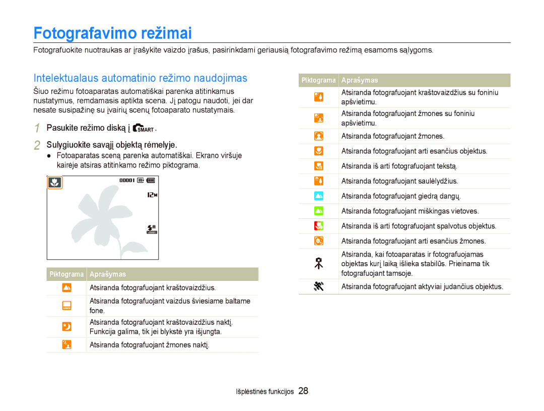 Samsung EC-PL100ZBPBRU, EC-PL100ZBPPRU, EC-PL100ZBPSRU Fotografavimo režimai, Intelektualaus automatinio režimo naudojimas 