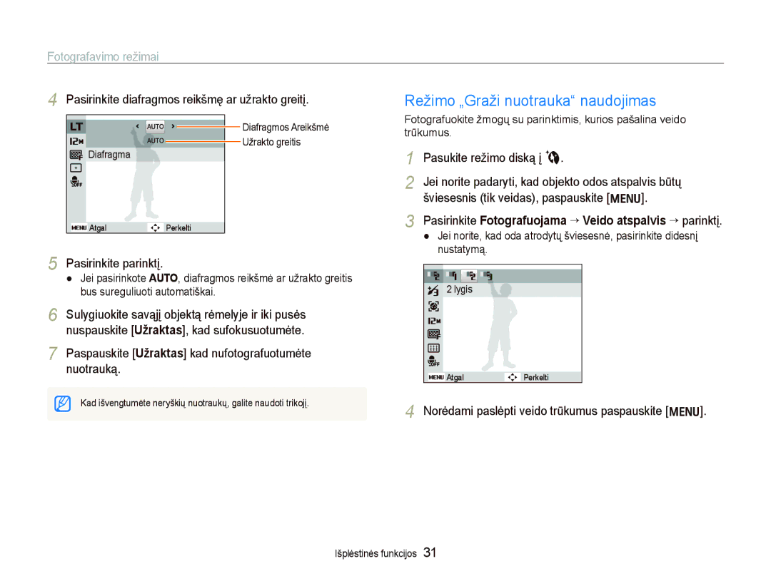 Samsung EC-PL100ZBPBRU manual Režimo „Graži nuotrauka naudojimas, Pasirinkite Fotografuojama “ Veido atspalvis ““parinktį 