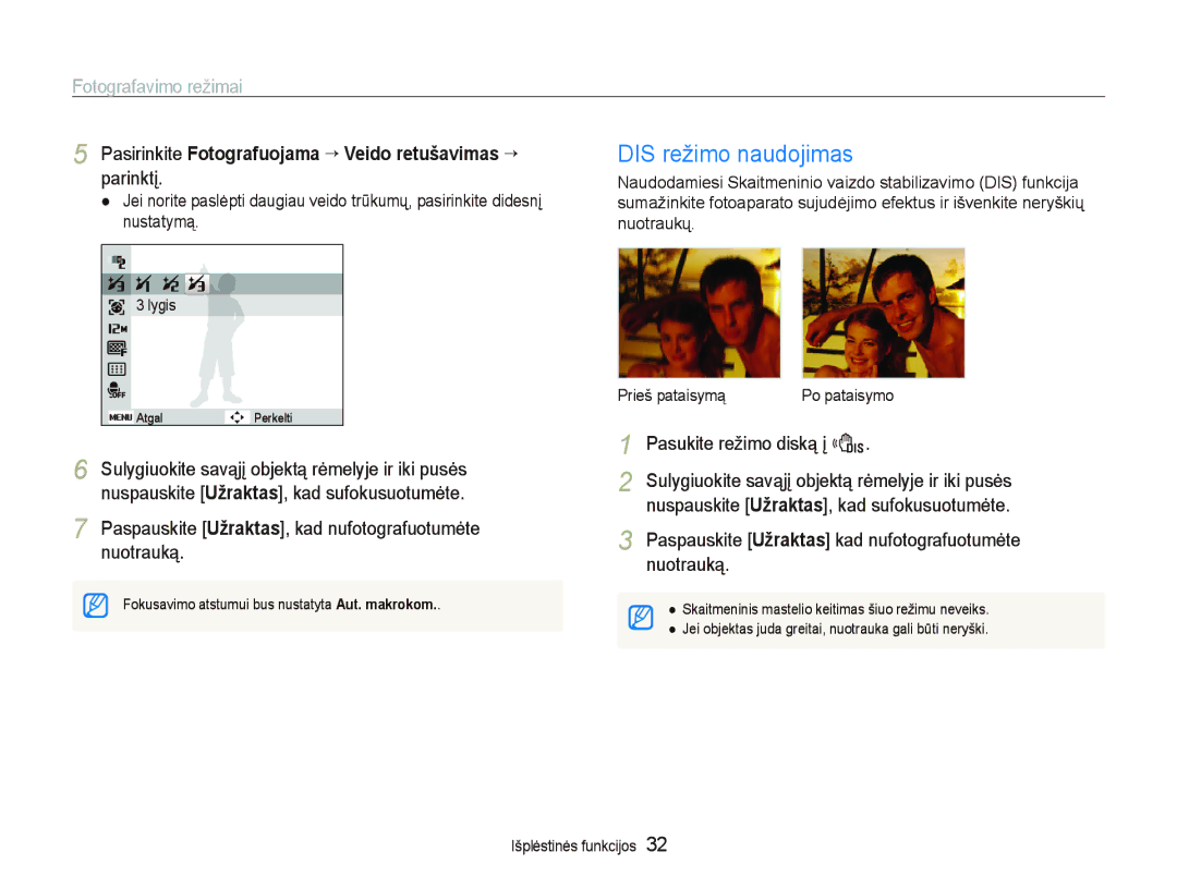 Samsung EC-PL100ZBPPRU, EC-PL100ZBPSRU DIS režimo naudojimas, Pasirinkite Fotografuojama “ Veido retušavimas ““ parinktį 