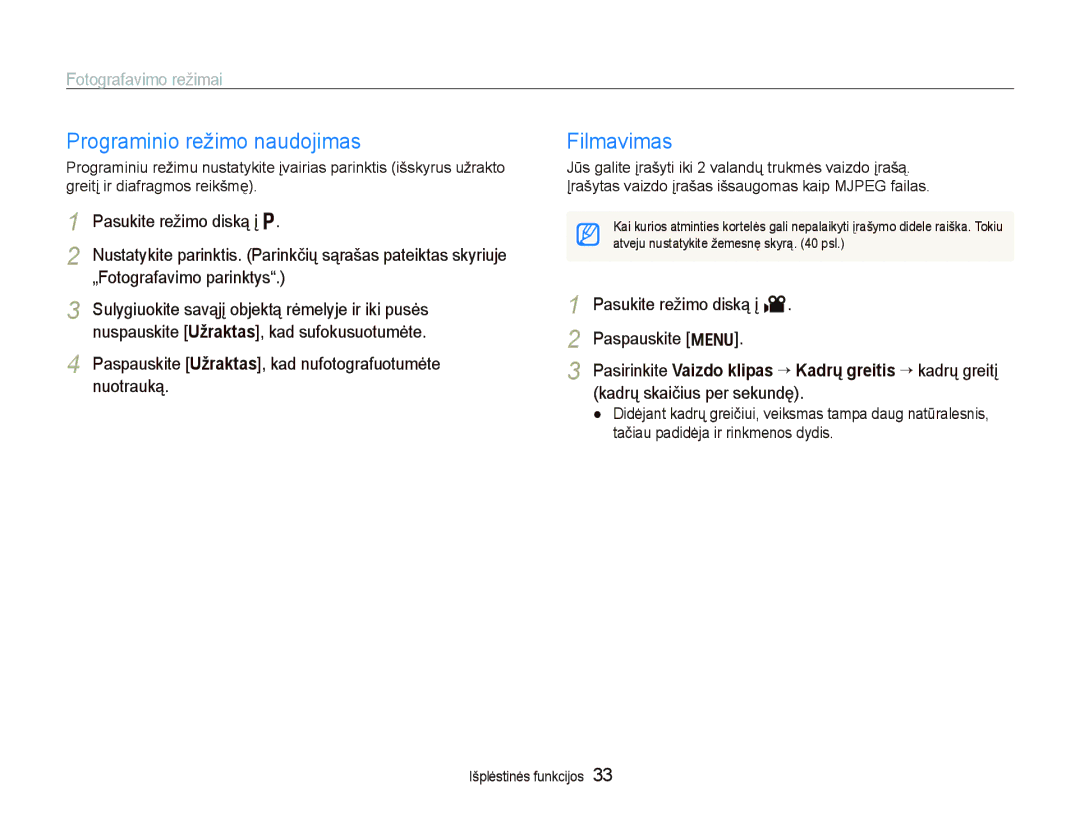 Samsung EC-PL100ZBPSRU, EC-PL100ZBPPRU, EC-PL100ZBPBRU manual Programinio režimo naudojimas, Filmavimas 