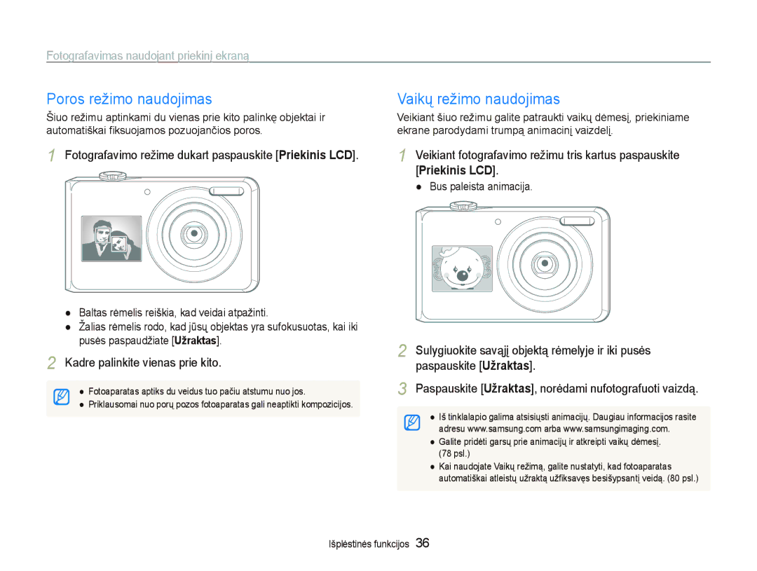 Samsung EC-PL100ZBPSRU manual Poros režimo naudojimas, Vaikų režimo naudojimas, Fotografavimas naudojant priekinį ekraną 