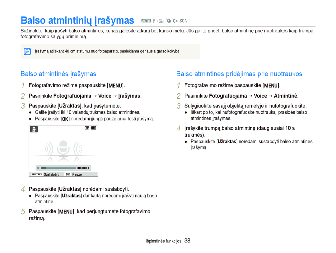 Samsung EC-PL100ZBPPRU, EC-PL100ZBPSRU, EC-PL100ZBPBRU Balso atmintinių įrašymas a p d b N s, Balso atmintinės įrašymas 