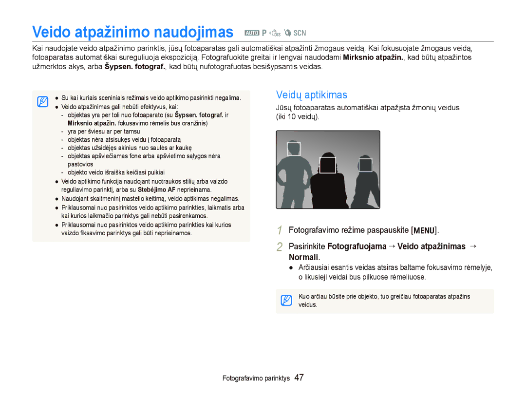 Samsung EC-PL100ZBPPRU, EC-PL100ZBPSRU, EC-PL100ZBPBRU manual Veido atpažinimo naudojimas a p d b s, Veidų aptikimas 