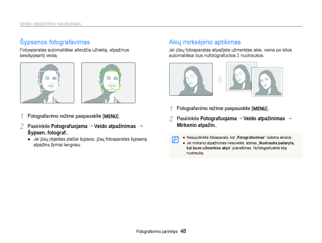 Samsung EC-PL100ZBPSRU, EC-PL100ZBPPRU manual Šypsenos fotografavimas Akių mirksėjimo aptikimas, Veido atpažinimo naudojimas 