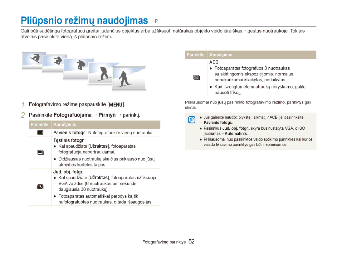 Samsung EC-PL100ZBPBRU Pliūpsnio režimų naudojimas p, Pasirinkite Fotografuojama → Pirmyn → parinktį, Tęstinis fotogr 