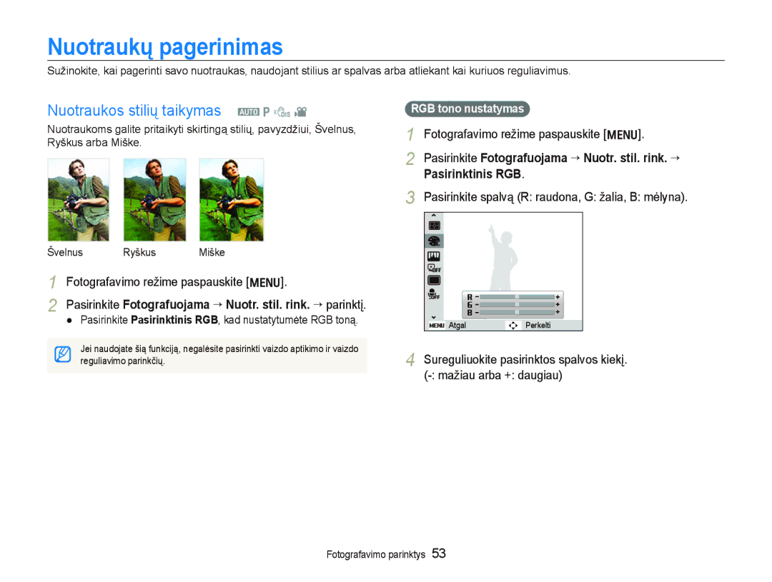 Samsung EC-PL100ZBPPRU, EC-PL100ZBPSRU manual Nuotraukų pagerinimas, Nuotraukos stilių taikymas a p d, Švelnus Ryškus Miške 