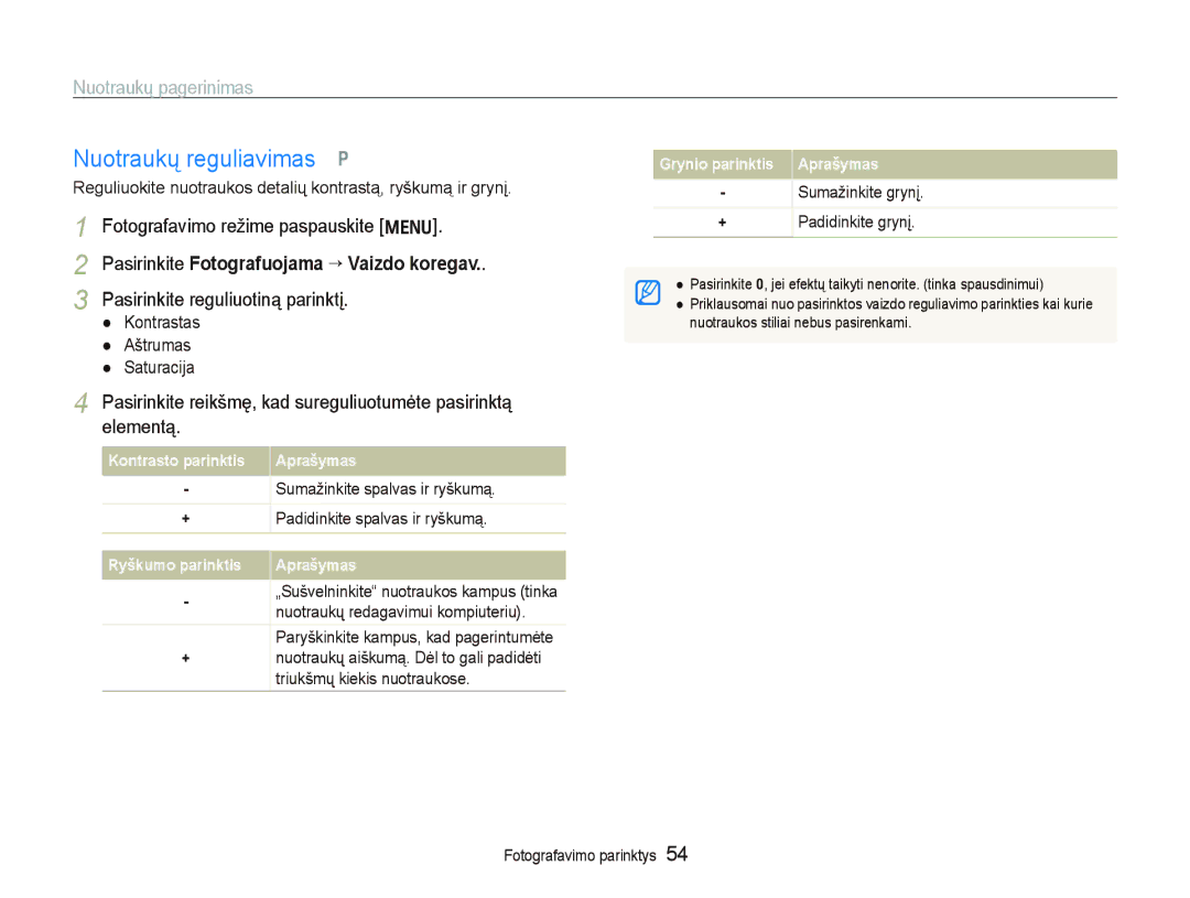 Samsung EC-PL100ZBPSRU manual Nuotraukų reguliavimas p, Nuotraukų pagerinimas, Pasirinkite Fotografuojama ““Vaizdo koregav 