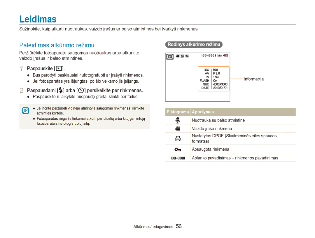 Samsung EC-PL100ZBPPRU, EC-PL100ZBPSRU manual Leidimas, Paleidimas atkūrimo režimu, Paspauskite P, Rodinys atkūrimo režimu 