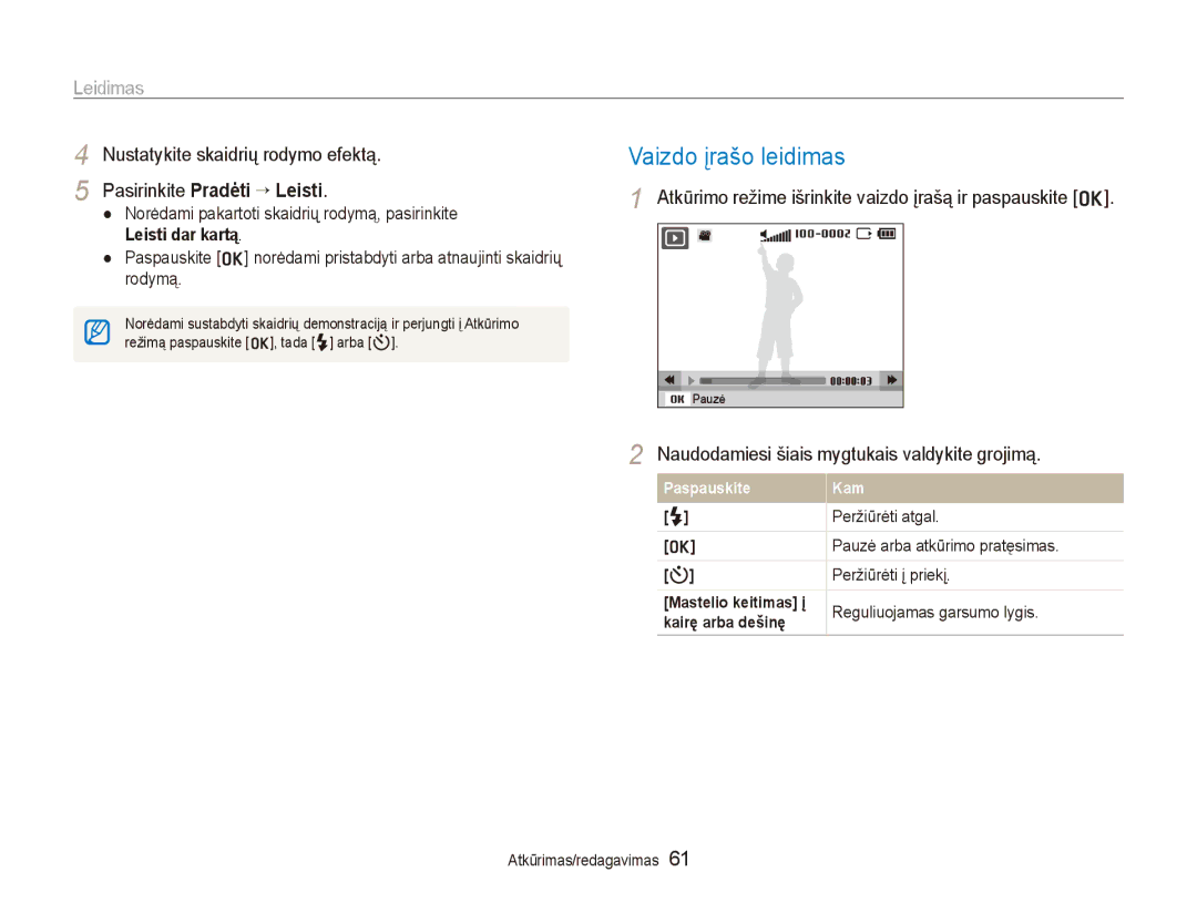 Samsung EC-PL100ZBPBRU manual Vaizdo įrašo leidimas, Nustatykite skaidrių rodymo efektą, Pasirinkite Pradėti → Leisti 