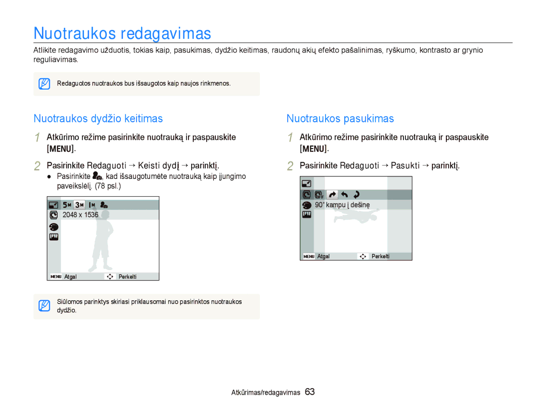 Samsung EC-PL100ZBPSRU, EC-PL100ZBPPRU manual Nuotraukos redagavimas, Nuotraukos dydžio keitimas, Nuotraukos pasukimas 