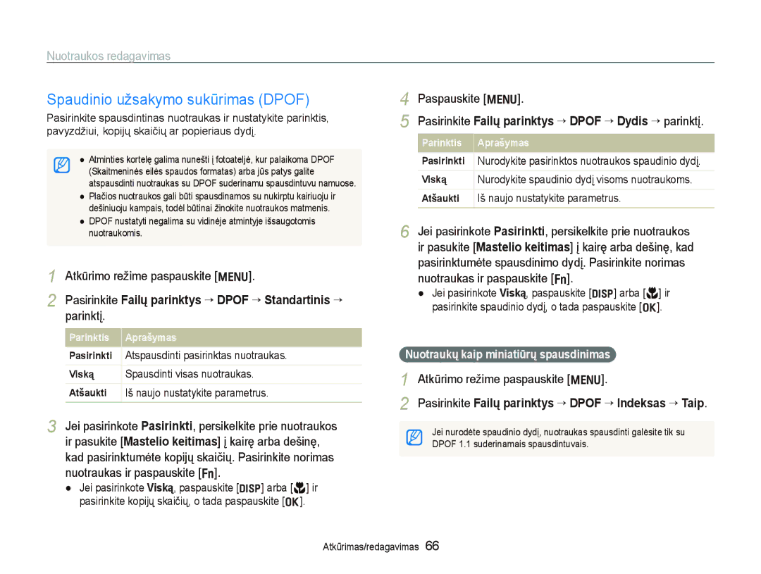 Samsung EC-PL100ZBPSRU manual Pasirinkite Failų parinktys “ Dpof “ Dydis “ parinktį, Atspausdinti pasirinktas nuotraukas 