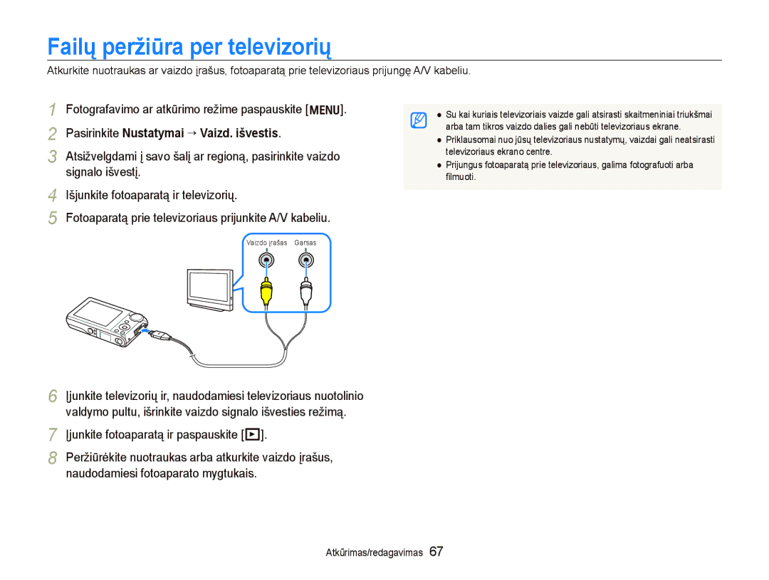 Samsung EC-PL100ZBPBRU, EC-PL100ZBPPRU manual Failų peržiūra per televizorių, Pasirinkite Nustatymai “ Vaizd. išvestis 