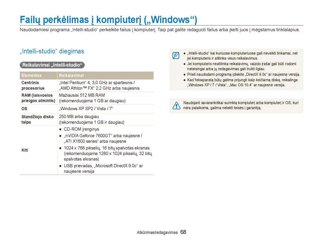 Samsung EC-PL100ZBPPRU Failų perkėlimas į kompiuterį „Windows, „Intelli-studio diegimas, Reikalavimai „Intelli-studio 